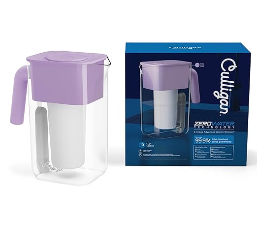 Culligan with ZeroWater Technology 10-Cup Water Filter Pitcher – Includes 5-Stage Advanced Water Filter, IAPMO Certified to Reduce Lead, Total PFAS, Mercury, Fluoride, and Chlorine - Lilac
