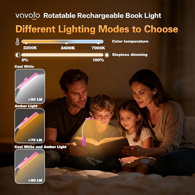 VAVOFO Rechargeable Book Light Rotatable：24 LEDs Reading Light, 3-Color & 9-Brightness Book Lamp, Eye Cared 120Hrs Runtime Lightweight Clip on Led Light for Book Lovers (Rose)