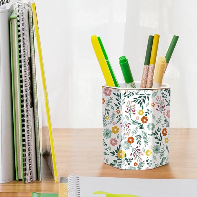 WAVEYU Pen Holder for Desk, Ceramic Pencil Cup Cute Makeup Brush Holder, Desktop Supplies and Accessories for Students, Pen Pencil Caddy for Office Home Art Supply, Green Floral Pattern