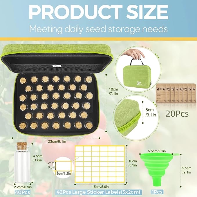 40 Slots Seed Storage Organizer with 20 Seed Envelopes, Sturdy Organizer Storage Box with Label Stickers, Glass Container for Flower Vegetable Garden Seed Saving (Seeds not Included)