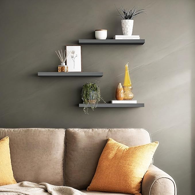 BAYKA Grey Floating Shelves for Wall, Wall Mounted Rustic Wood Shelves for Bathroom, Bedroom, Living Room, Kitchen, Small Hanging Shelf for Books/Storage/Room Decor (Set of 3, 15.7in)