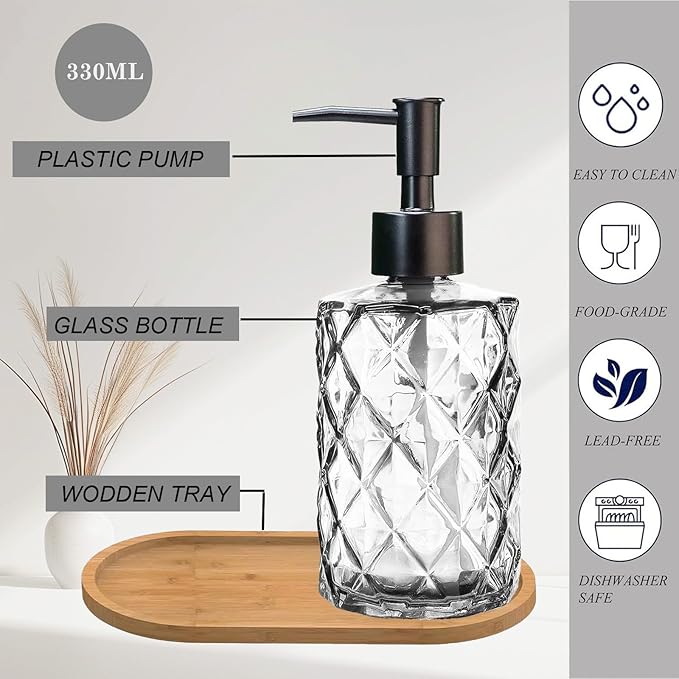 Glass Hand and Dish Soap Dispenser Set of 2 with Plastic Pumps, Bamboo Tray, 12oz Clear Bathroom Soap Dispenser with Diamond for Hand Wash & Dish Wash, Ideal for Bathroom Kitchen Countertop