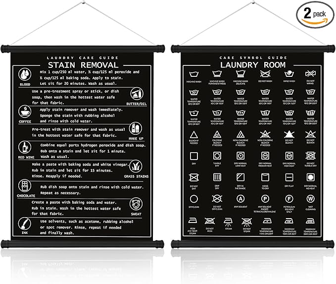 Gersoniel 2 Pieces Laundry Room Decor Symbols Wall Art Hanging Symbols Guide Wall Decor Stain Removal Theme Sign Laundry Care Room Art Ready to Hang Sign, 11.8 x 15.7 Inches(Black)