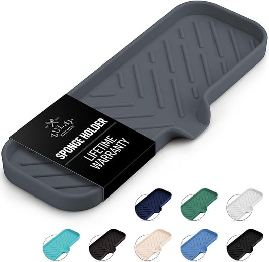 Zulay Kitchen Large Silicone Sponge Holder (12x4) – Flexible Sink Organizer Tray for Kitchen & Bathroom – Multipurpose Soap Dish for Sponges, Makeup, Trinkets & More (Grey)