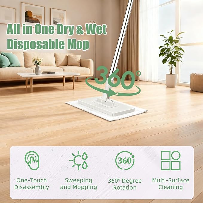 Snap Grip Mini Mop, Cloth Changing Mini Mop for Dry & Wet Disposable Pads, Lazy mopa Automatic gripping with Sweeping & Mopping, Long Handle Disposable Dust Mop for Hardwood, Tile (Plain White)