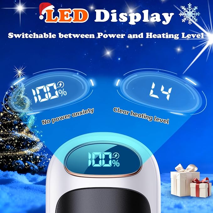 Rechargeable Hand Warmer 2 Pack, LED Display & 4 Levels, Ultrathin Electric Hand Warmers Portable USB Pocket Heater Fits Gloves for Hunting Essentials, Camping, Raynauds, Gifts for Christmas
