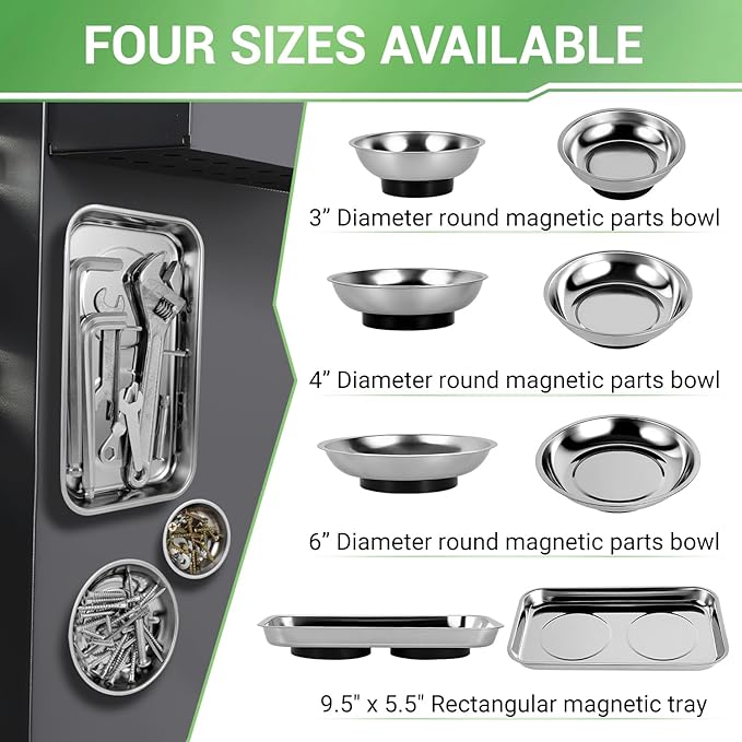 GURADESIGN Magnetic Tray 4-Piece, Large Magnetic Parts Tray and Round Magnetic Parts Tray Set, Stainless Steel Heavy Duty 9.5" W x 5.5''L Square and 6" 4" 3"Round Tools Tray