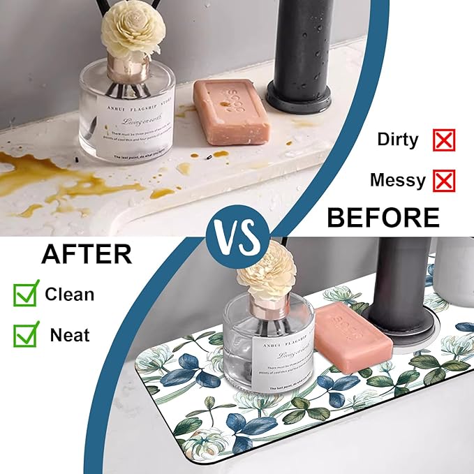 Watercolor Garland Flower Sink Splash Guard Faucet Mat Clover Leaves Super Absorbent Fast Drying Mat Sink Gadgets-Splash Guard Behind Faucet Drip Catcher for Kitchen Bathroom, 15.5"x5.5"