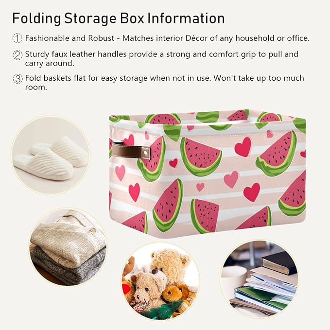 Aslsiy Storage Basket Cute Watermelon Slice Nursery Bins Stripe Baby Box Canvas Clothes Shelf Basket Laundry Hamper Gift Basket for Home Closet 2 Pcs