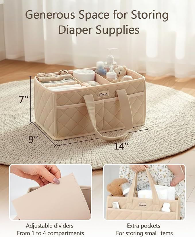 Diaper Caddy Organizer For Changing Table,Dutch Velvet Baby Diaper Caddy With 3 Removable Compartments &4 Side Pockets,Portable Diaper Basket For Car Organizer,Nursery Organizer For Essential Supplies