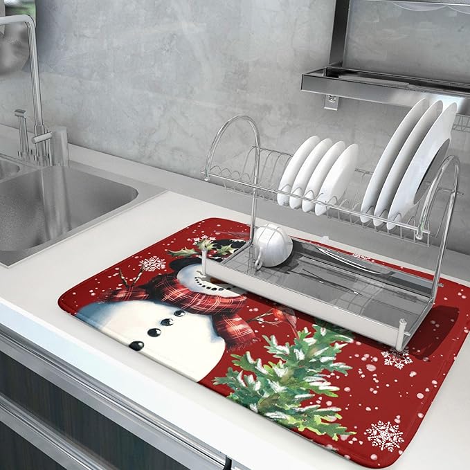 Winter Snowflake Red Dish Drying Mat for Kitchen Counter,Xmas Trees Snowman Cardinal Bird Drying Mat 18 x 24 Inch with High Absorbent Microfiber Drainer Mat for Coffee Bar