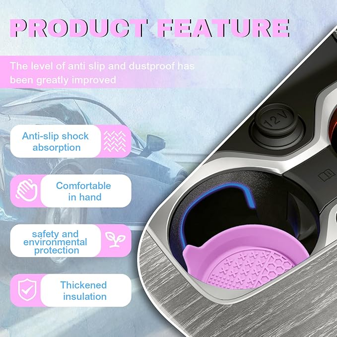 4PCS Car Cup Holder Coaster, Silicone Non-Slip Vehicle Insert Water Bottle Mat, Universal Insulation Drink Cup Pad Decor for SUV/Sedan/Truck, Automotive Interior Accessories (Pink)
