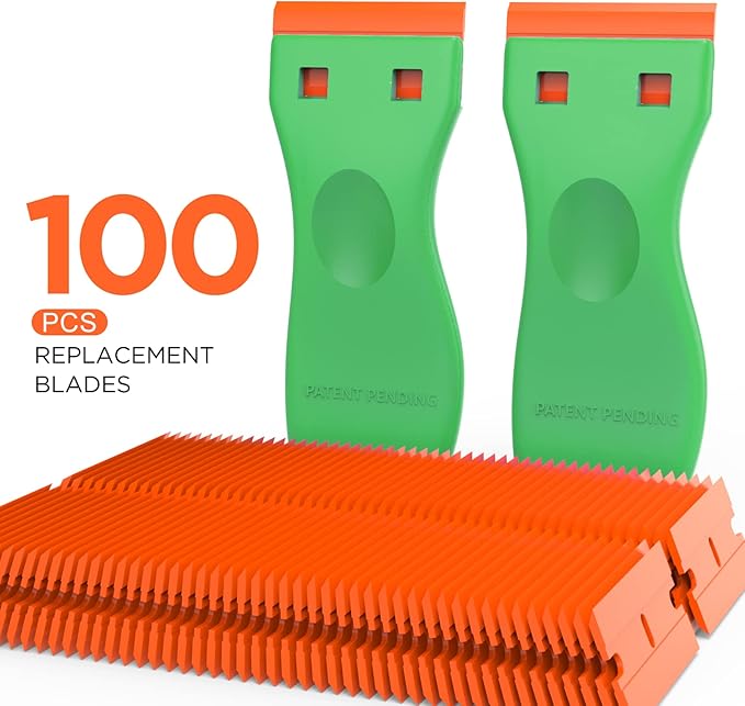 Plastic Razor Blades Scraper Tool - 2 Pack Wall Paint Remover with 100 PCS Blades Kit No Scratch Car Window Glass Wood Sticker Removal Floor Stove Kitchen Vinyl Adhesive Decal Tape Cleaning