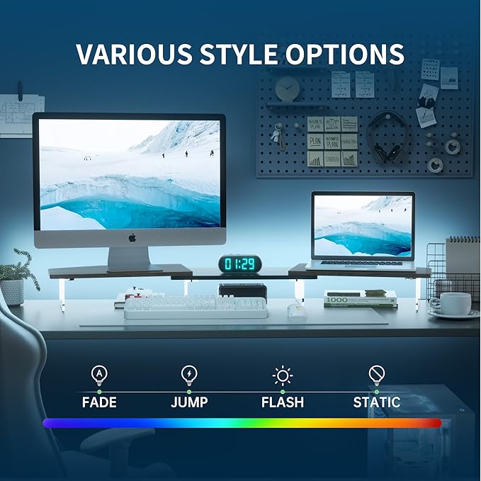LED Dual Monitor Stand Riser for 2 Monitors,Office Desktop Wooden Stand Adjustable Length and Angle 3 Shelf,Extra Long Multifunctional Stand up to 44.4" for Computer,Laptop,TV,Walnut Finish