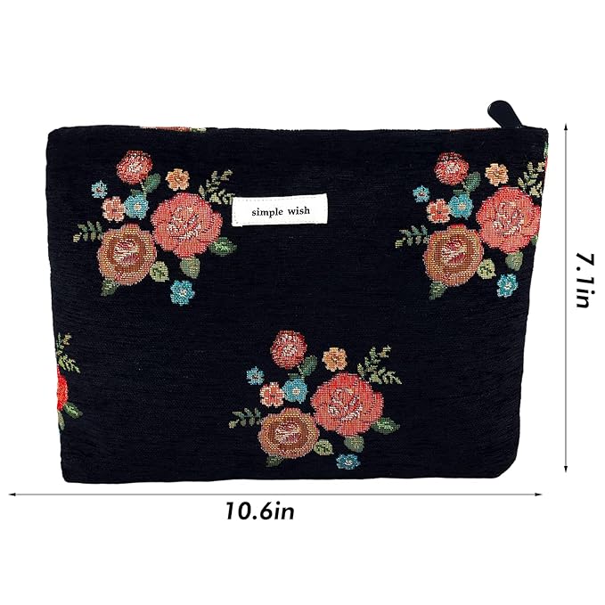 ZLFSRQ Makeup Bag Travel Cute Black Vintage Flower Floral Cosmetic Bags for Women Large Embroidery Toiletry Pouch Zipper Cosmetic Pouch for Purse Aesthetic Makeup Organizer Bag Portable Toiletry Bags