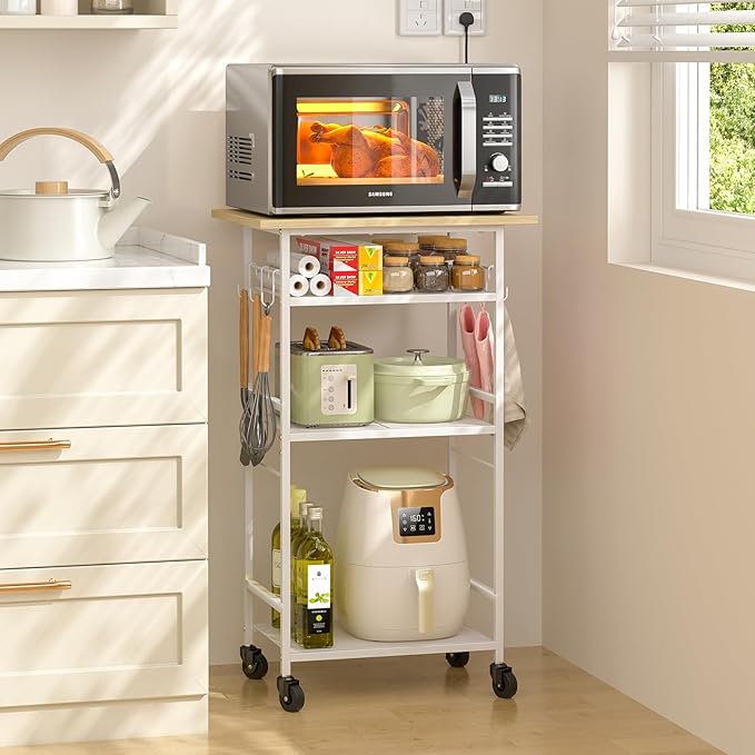 ThreeHio Rolling Kitchen Microwave Cart, 4 Tier Microwave Table Stand with Storage, Kitchen Storage Rack on Wheels, Coffee Station Cart Rack Shelf Organizer for Living Room Office, Balcony