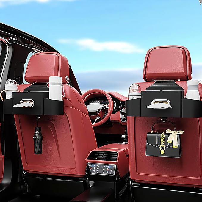 Car Back Seat Organizer with one towel， Multifunctional Car Back Seat Storage Box with 2 Drink Cup Holder Tissue Box for Hold Phone Drinks Handbag Compatible with Most Vehicles (Black)