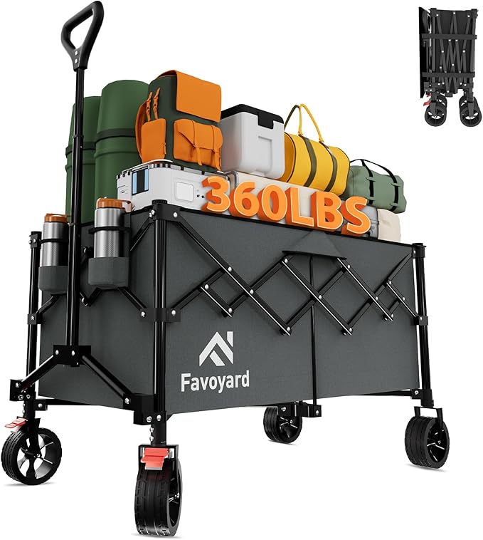 Favoyard Extra Large Collapsible Wagon Carts Foldable 360LBS Heavy Duty Beach Wagons with Big Wheels & Brakes Portable Folding Cart for Shopping Grocery Utility Sports Garden Camping Outdoor, Gray