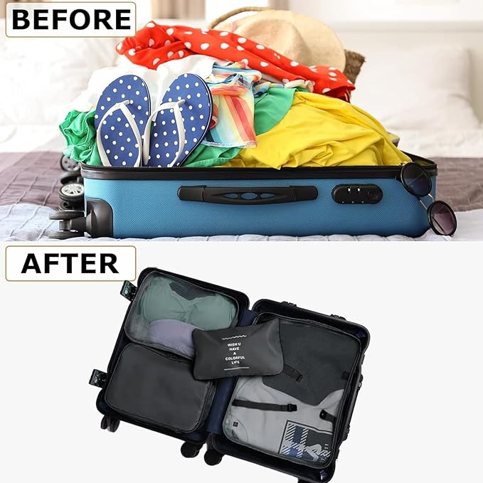 6 Set Packing Cubes for Travel, Luggage Organizers with Shoe & Toiletry Bags, Lightweight Suitcase Organizer for Carry-On, Washable Laundry Bags(Black)