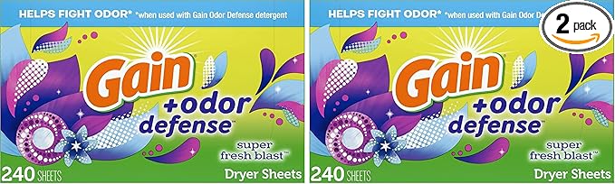 Gain + Odor Defense Dryer Sheets, Super Fresh Blast Scent Fabric Softener Sheets, 240 ct (Pack of 2)