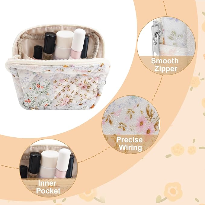 Small Quilted Cotton Makeup Bag for Purse Mini Cosmetic Period Bag for Women Cute Mixed Flower Makeup Sanitary Pouch Portable Travel Toiletry Bags with Zipper Christmas Birthday Gifts