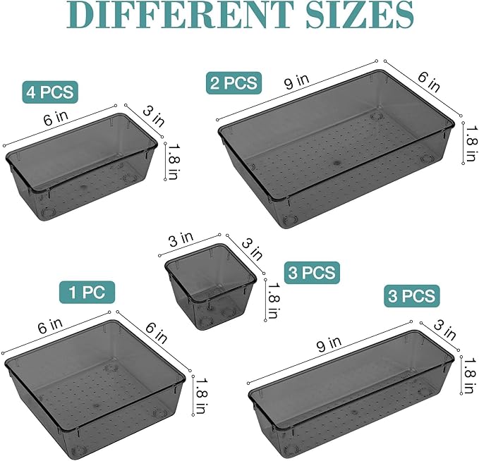 13 PCS Drawer Organizer Set, 5 Varied Size Bathroom and kitchen Drawer cabinet organizer Trays, Clear Storage Bins for Makeup, Jewelry, Utensils and Gadgets, Black