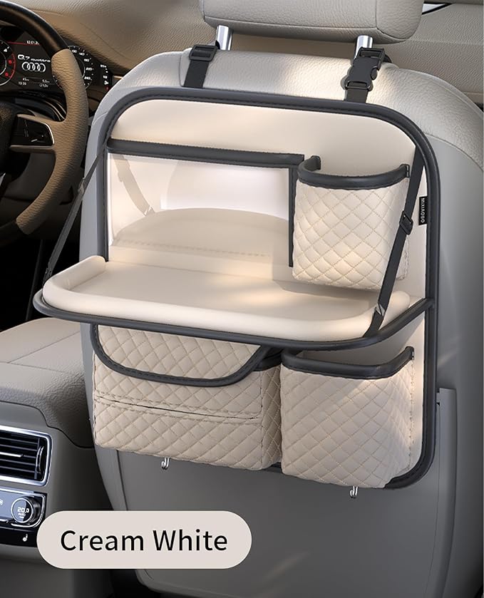 Leather Car Backseat Organizer with Foldable Table Tray - Cup/Tissue/Tablet Holder, Car Seat Back Storage Organizer, Road Trip Essentials for Adults & Kids (white)