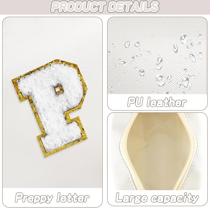 Gifts for Girls Initial Makeup Bag Personalized Cosmetic Bag with Zipper Cute Travel Toiletry Bags Waterproof PU Preppy Makeup Pouch Birthday Gift for Teen Girls Women(White P)