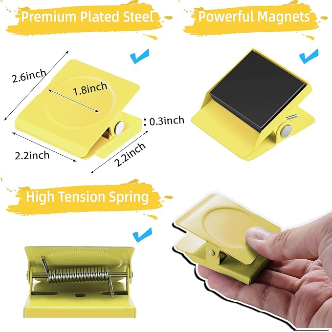 Grtard Strong Magnetic Clips, 2.2 Inch Extra Large Magnetic Clips Heavy Duty, 8Pack Magnet Clip for Fridge, Clip Magnets for Refrigerator, Whiteboard, Classroom, Kitchen, Office Organizer (Yellow)