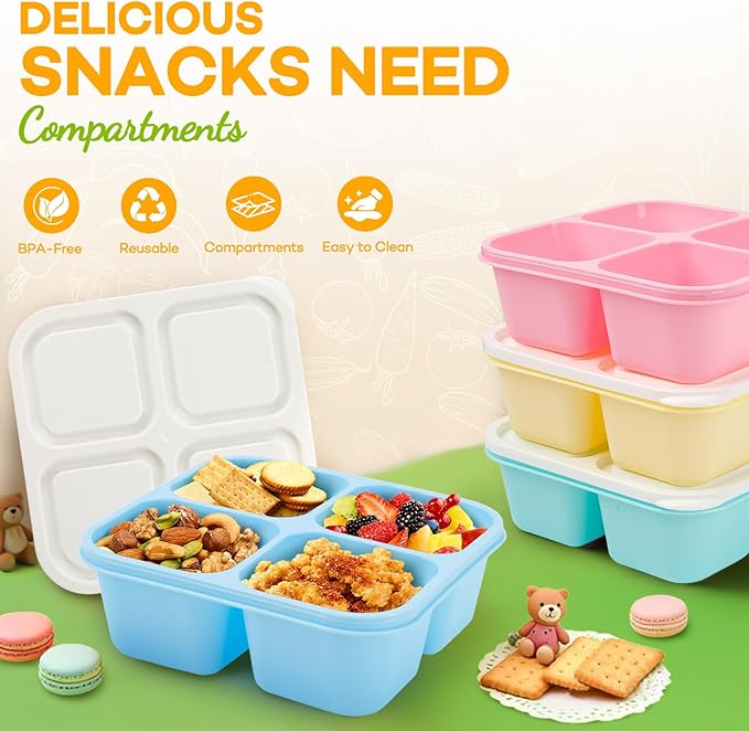 Bento Box Adult Lunch Box- 4 Pack,4 Compartment Snack Containers Reusable Meal Prep Stackable BPA-Free Lunch Containers for Home, Work, Travel (4 Color)