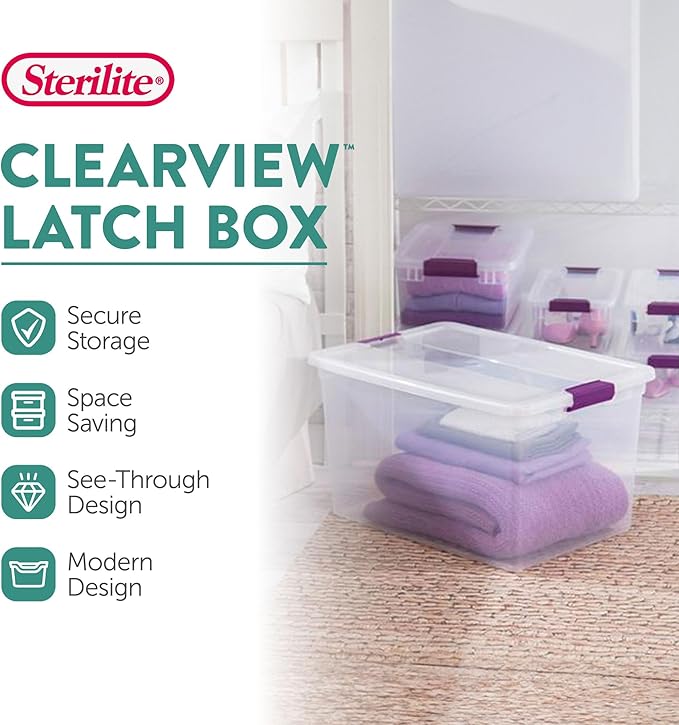 Sterilite 12개 팩 ClearView 래치 박스, 가정용 적층형 수납 정리함, 66쿼트