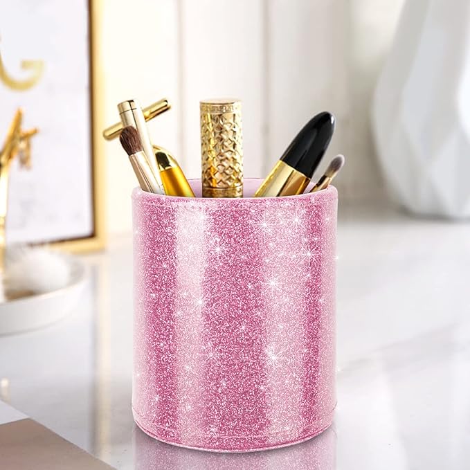 WAVEYU Glitter Pen Holder for Desk, Cute Pencil Cup Pink for Women Girls, Luxury Makeup Brush Holder Large Pu Leather Multi-Functional Organizer Cup for Office, Classroom, Home, Glitter Pink