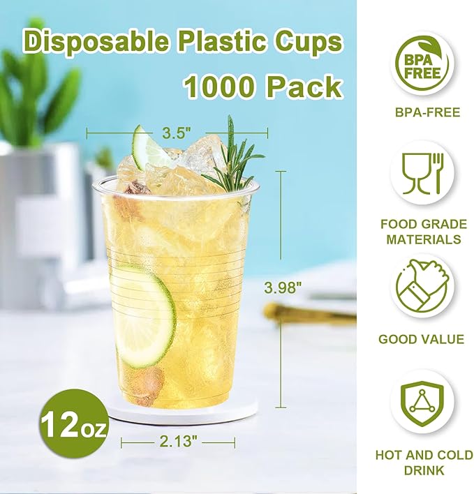 Lamosi 1000 Pack 12 oz Clear Plastic Cups, Plastic Disposable Cups, Cold Drinking Water cups for Party, Wedding, Travel, BBQ, Picnic, Event