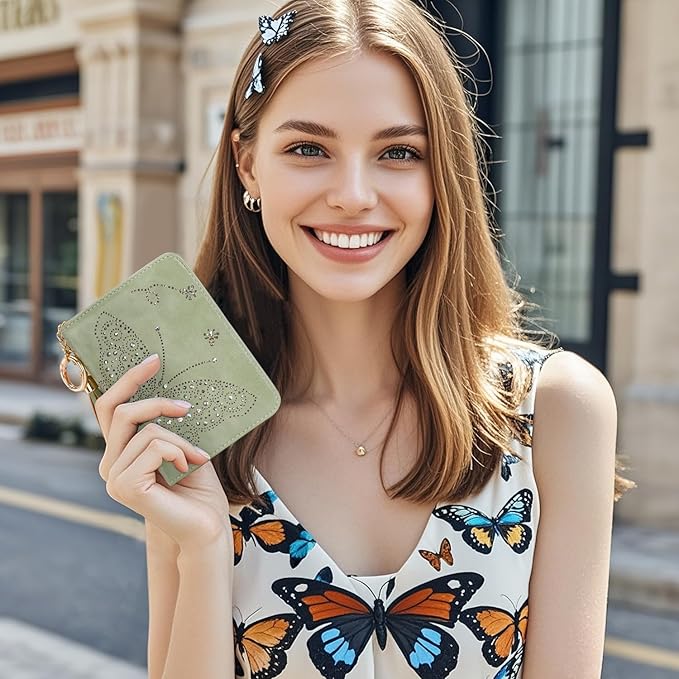 Women RFID Blocking Small Bifold Wallet, Compact Cash Clutch with Zipper Coin Pocket, Glittery Butterfly Design, Credit Card Holder, Travel Purse with Tassel GREEN