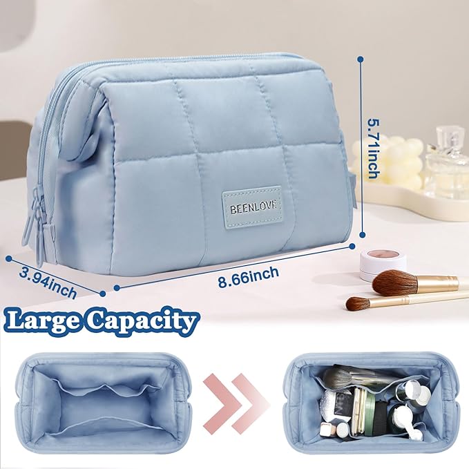 Makeup Bag Travel Toiletry Bag - Puffy Padded Make Up Bag, Waterproof Cosmetic Bag with Multiple Compartments, Wide-open Makeup Pouch for Cosmetics, Toiletries, and Travel Essentials, Blue