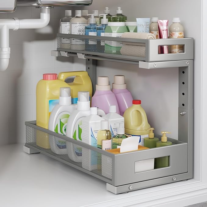 Biboraya 1 Pack 17IN Depth Under Sink Storage Organizer, Large 2-Tier Elegant Mesh Pull Out Shelf for Kitchen and Bathroom Cabinet Organization, L-Shaped and Adjustable Height Design-Gun Gray