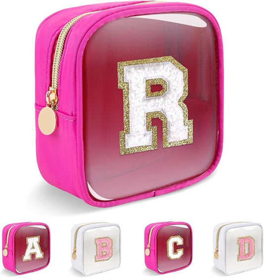 Personalized Initial Letter Clear Preppy Makeup Bag,Mini Nylon Chenille Letter Cosmetic Bag Cute Zipper Pouch Coin Purse for Teen Girls,Portable TSA Approved Travel Essentials Bag Gift for Women,R