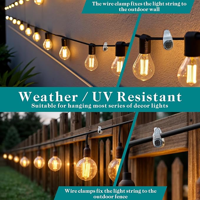 Hooks for Outdoor String Lights Clips, Christmas Light Clips Weatherproof, Lights Hanger Hooks for Hanging Christmas Light, Fairy Light, Cable, Holiday Decor - Clear, 50 Pack