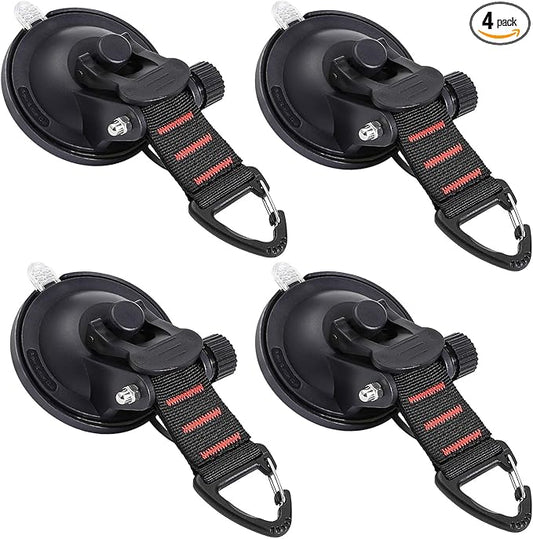CONBOLA Suction Cup Hooks Heavy Duty 4 Pieces Car Camping Essentials Upgraded Tie Down Suction Cup Camper Accessories with Securing Hook Strong Power for RV Boat Window Glass Camping Trap. (4 pcs)
