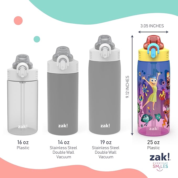 Zak Designs Disney and Pixar Inside Out 2 Sage Water Bottle For School or Travel, 25oz Durable Plastic Water Bottle With Straw, Handle, and Leak-Proof, Pop-Up Spout Cover (Emotions)