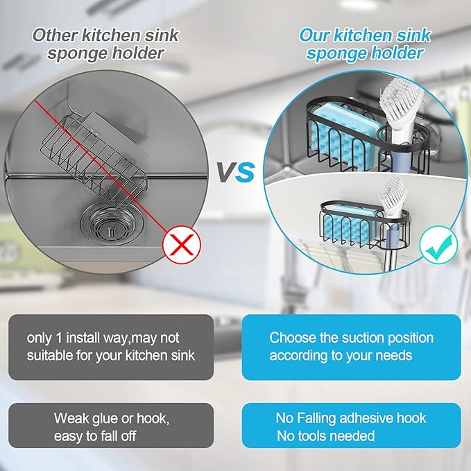 Yazoni 2-in-1 Sponge Holder for Kitchen Sink, Suction Cup Sponge Rack Kitchen Caddy, No Drill Rustproof Sink Organizer Holder for Place Dishwashing Brush Soap (Black)