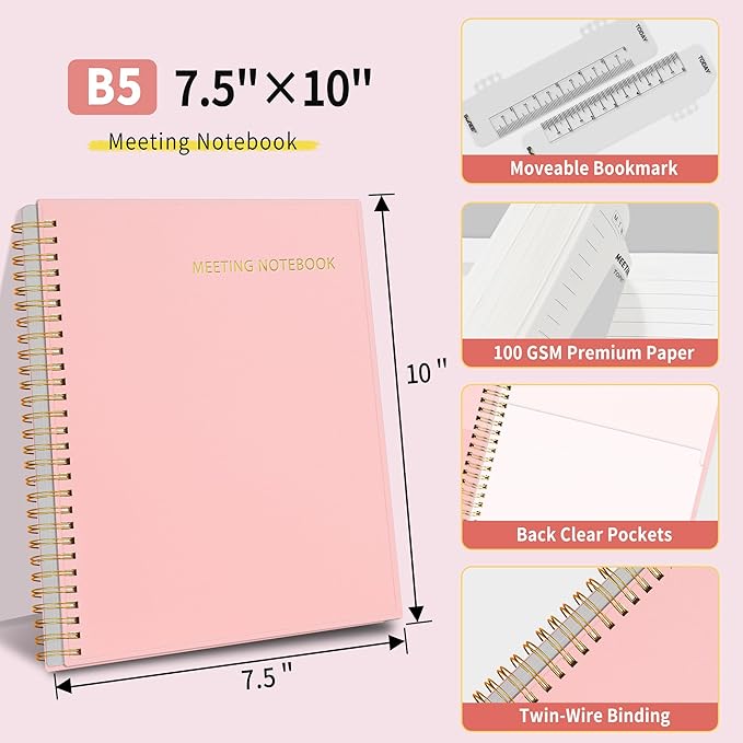 SUNEE Half Meeting Half Note - 7.5"x10" Professional Notebooks for Work - 160 Pages, B5 Size Project Planner, Spiral Meeting Agenda/Minutes Organizer for Women Men, Note Taking, Office & Business