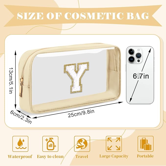 Personalized Initial Letter Clear Makeup Bag, Preppy Small Nylon&PVC Cosmetic Zipper Bag with Chenille Letter, Portable Beach Travel Skincare Toiletry Bag, Trendy Monogram Gift for Teen Girls Women, Y