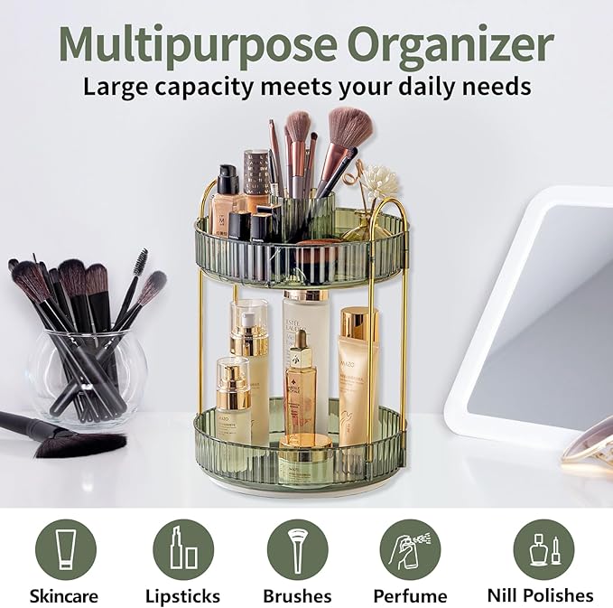 360 Rotating Makeup Organizer, 2 Tier Large Capacity Make Up Organizers and Storage, Skincare Perfume Vanity Organizers, Bathroom Cosmetics Storage Organizer Countertop (Green)