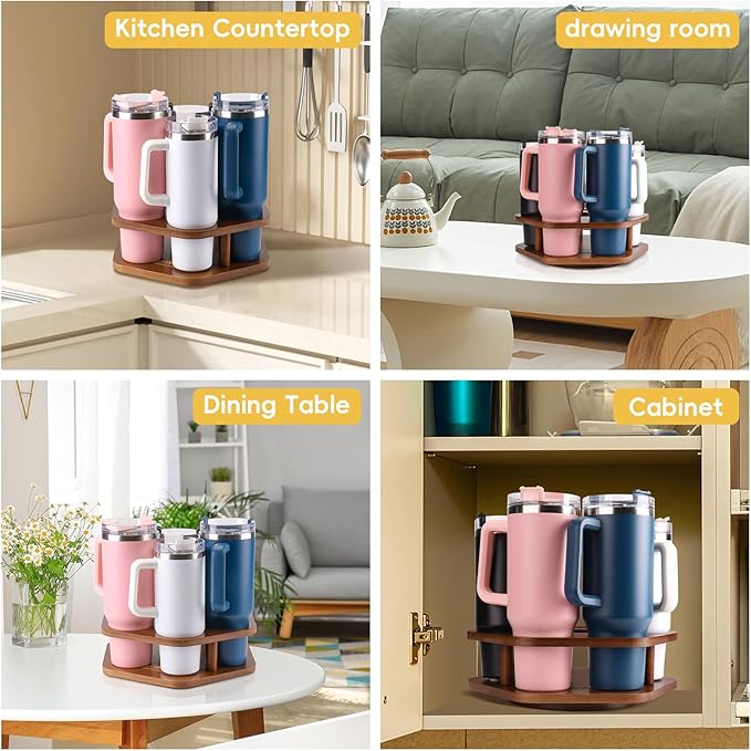 Water Bottle Organizer for Stanley 40 oz Tumbler, 7 Slots Rotatable Stanley Cup Organizer for Kitchen Cabinets, Wood Tumbler Organizer Holder for Stanley Cup Accessories Brown