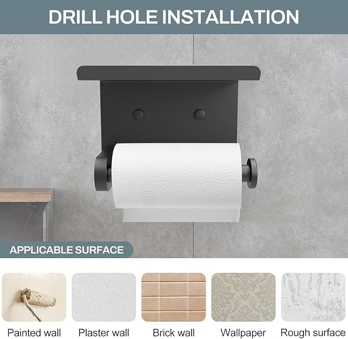 SetSail Toilet Paper Holder with Shelf Adhesive or Screw-in Bathroom Toilet Paper Roll Holders Wall Mount Matte Black Tissue Holder for Bathroom Hardware Accessories, 2 Packs
