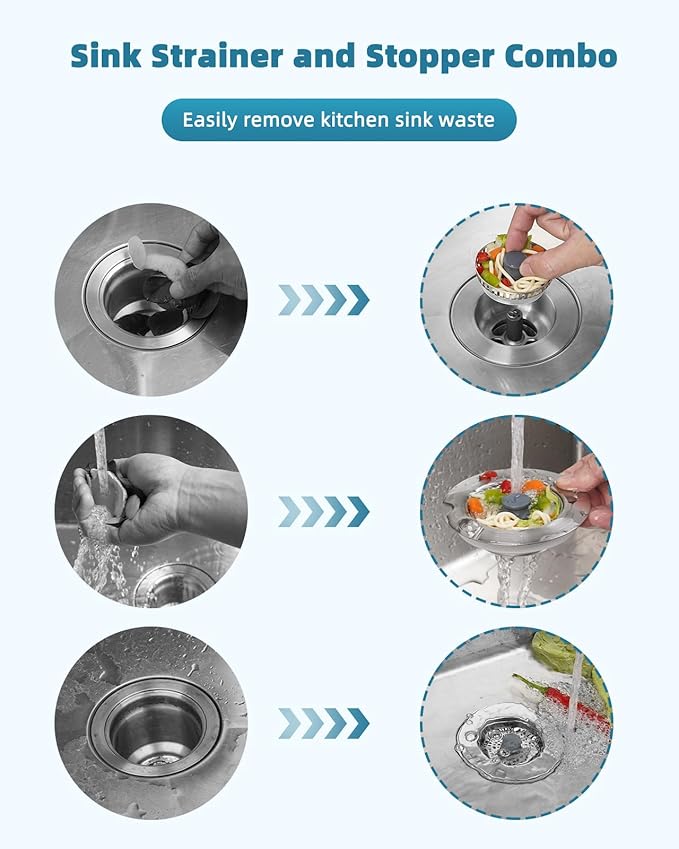 Hygie Rinse All Metal Sink Drain Strainer for Kitchen Sink 2PACK Pop Up 3-in-1 Sink Stopper Drainer with Additional 2pcs Strainers for US Standard 3-1/2 inch Drain Filter, Anti-clog