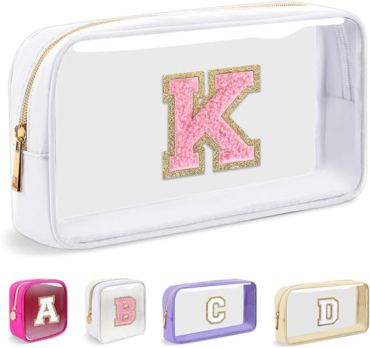 Small Clear Personalized Initial Makeup Bag,Nylon Preppy A-Z Chenille Letter Patch Cosmetic Pouch Beach Toiletry Bag,Waterproof Zipper Travel Purse Storage Bag Organizer for Women Girls(White-Pink K)