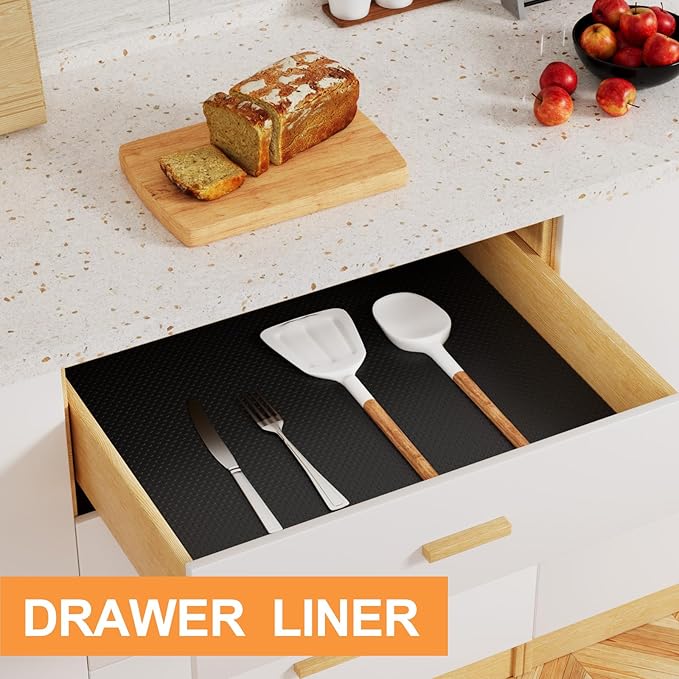 FLPMIX Shelf Liner for Kitchen Cabinets 10 inch Wide: Easy to Cut Bathroom Drawer Mat 10" x 396 Inch Black - Waterproof Pantry Cupboard Liner