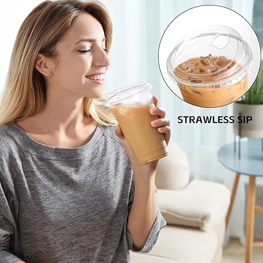 AOZITA 100 Pack 16 oz Plastic Cups With Strawless Sip-Lids, Iced Coffee Cups With Lids BPA Free, Disposable Clear Cups, To Go Cups for Smoothies, Party Drinks, Bubble Tea, Cold Beverage
